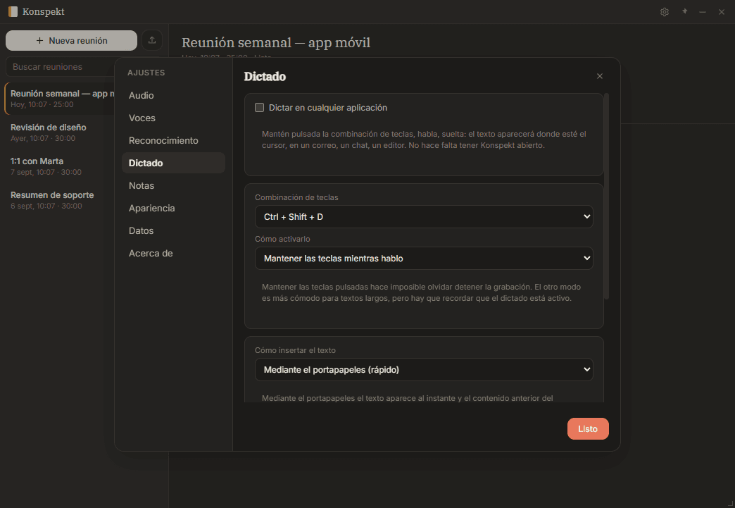 Dictado: el texto aparece donde esté el cursor