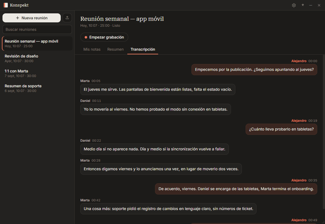 La transcripción: cada línea con su autor