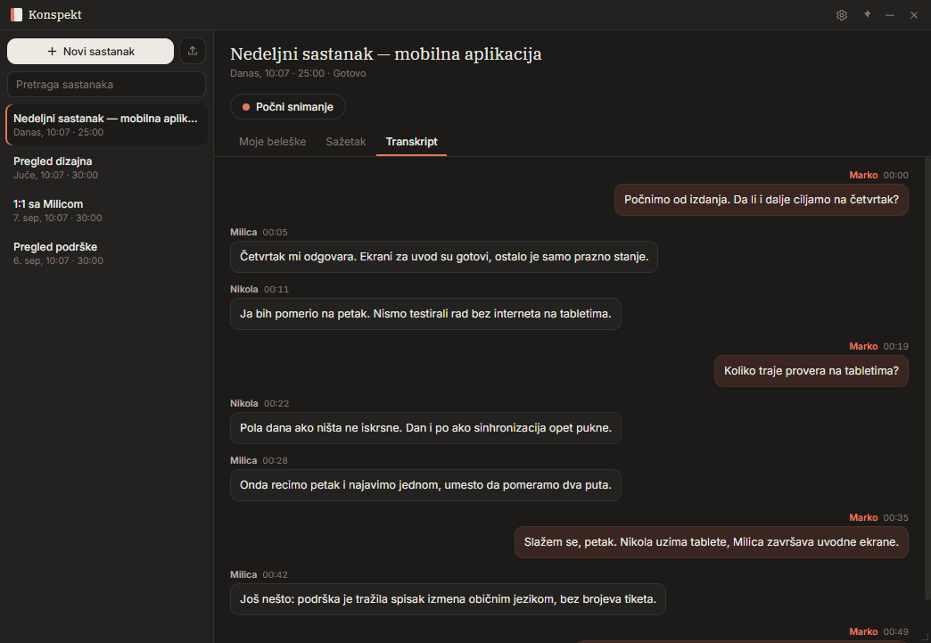 Transkript: svaka replika sa imenom govornika