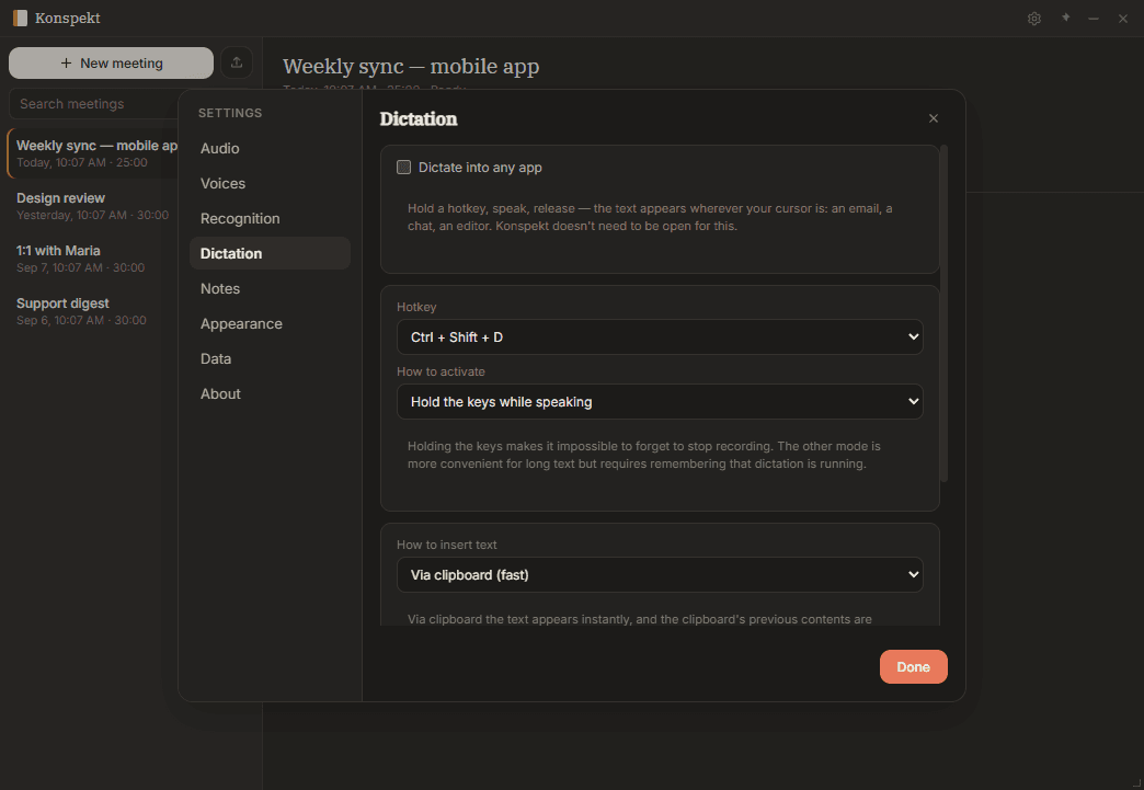 Dictation: the text lands wherever your cursor is